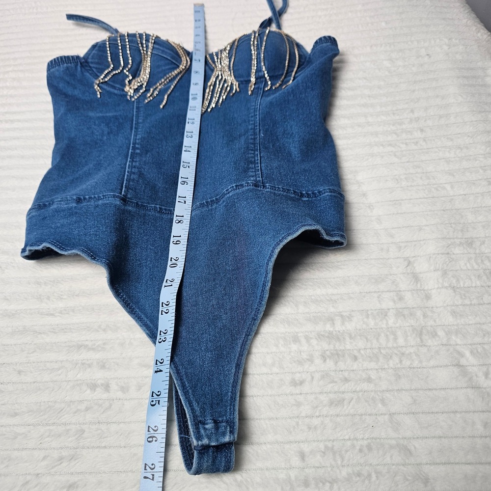 Haute Monde Denim Rhinestone Fringe Corset Bodysuit Blue Cowgirl Western Glam - Picture 6 of 10